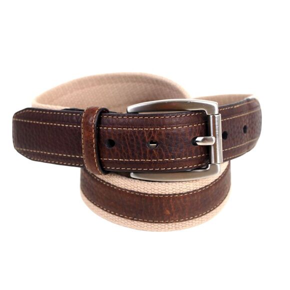 DH BROWN REAL LEATHER BEIGE CANVAS 1 3/8"Wd CASUAL DRESS MEN BELT Sz 36/90 (A22 - Picture 1 of 10
